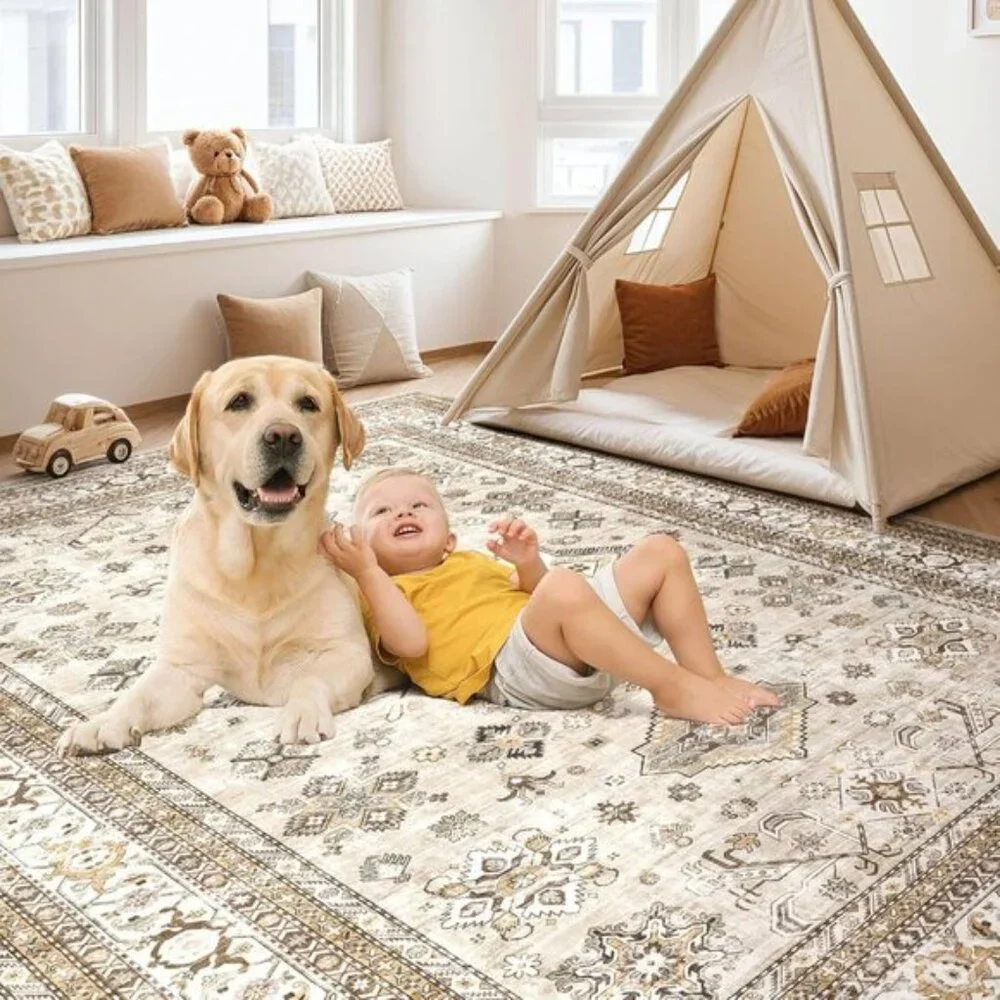 6x9 Beige Vintage Area Rug, Soft Washable Oriental Distressed Carpet for Home